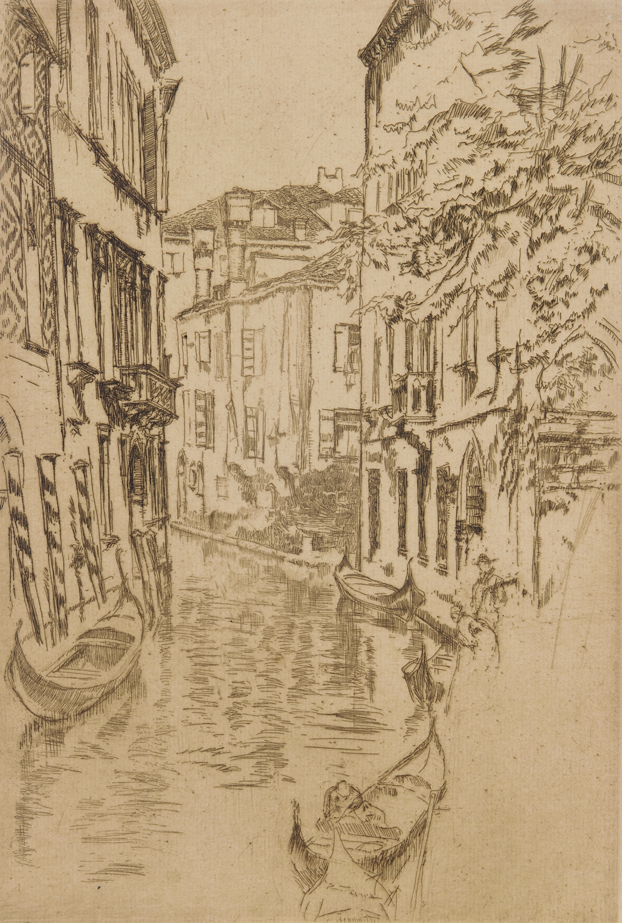 Quiet Canal by James Abbott McNeill Whistler, oil painting depicting tranquil water and trees.