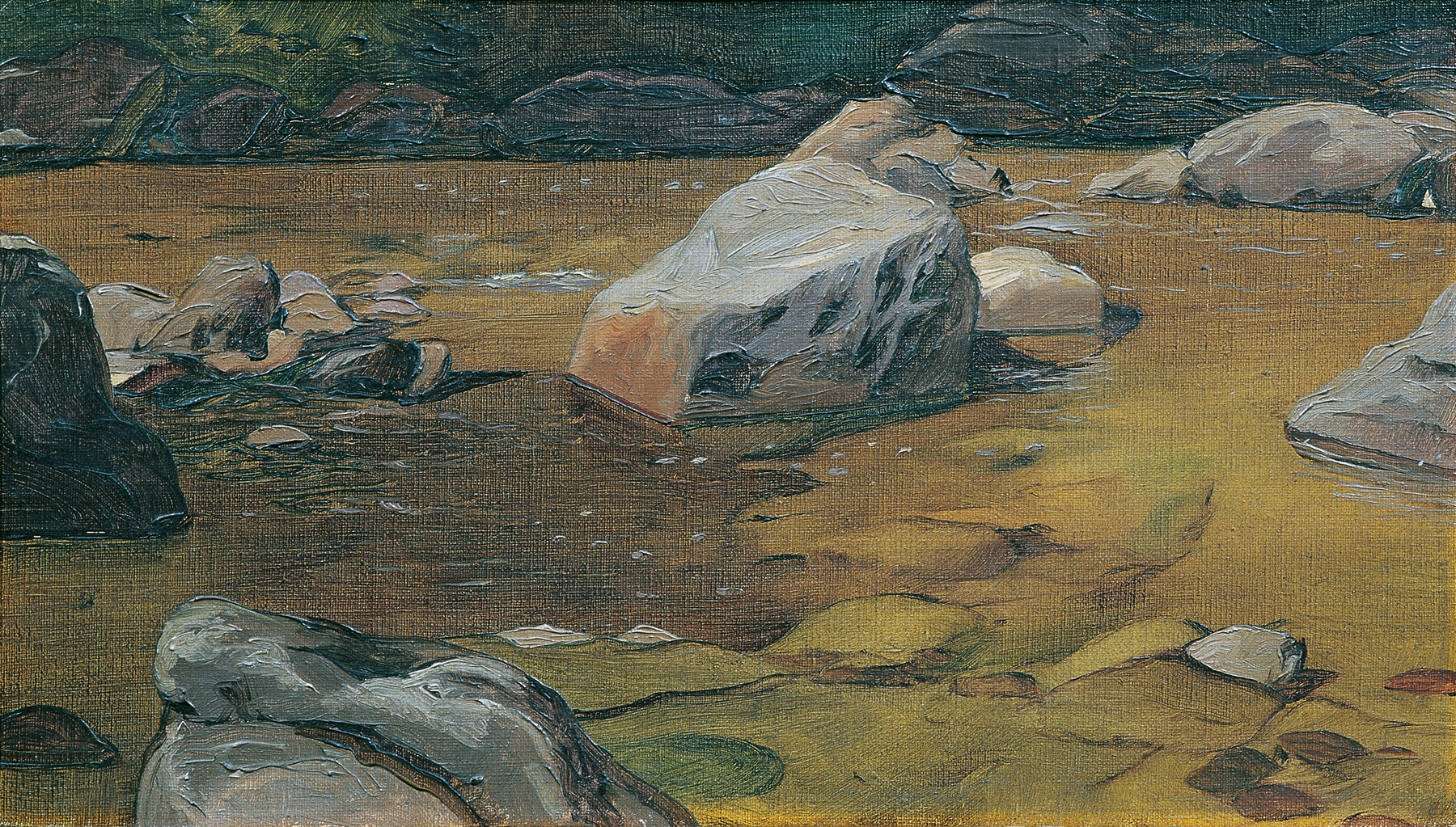 Felsen im Bach by Anton Josef von Kenner, oil on canvas depicting a river with rocks.