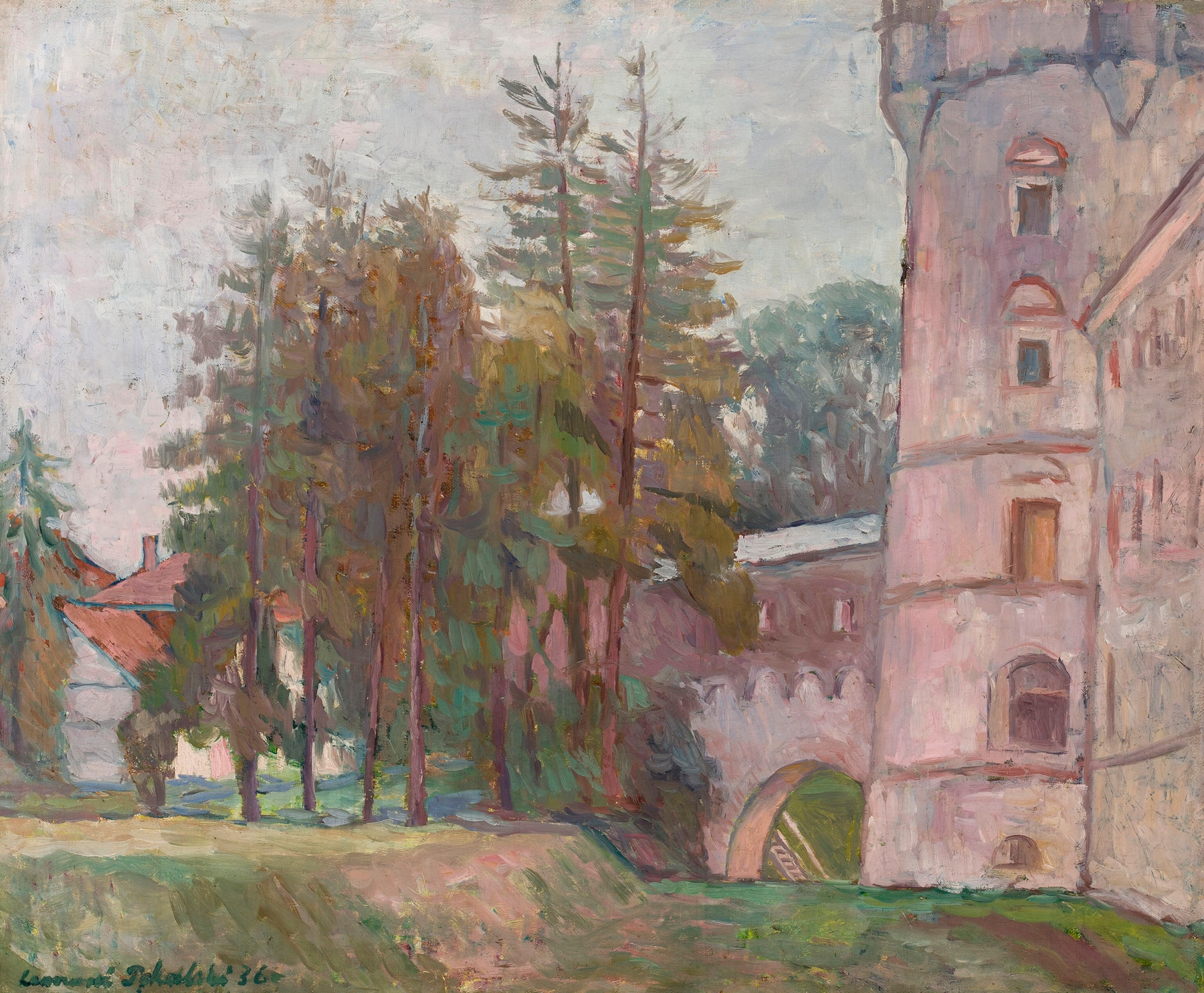 Castle in Krasiczyn by Leonard Pękalski, oil painting depicting a tranquil landscape with a castle.