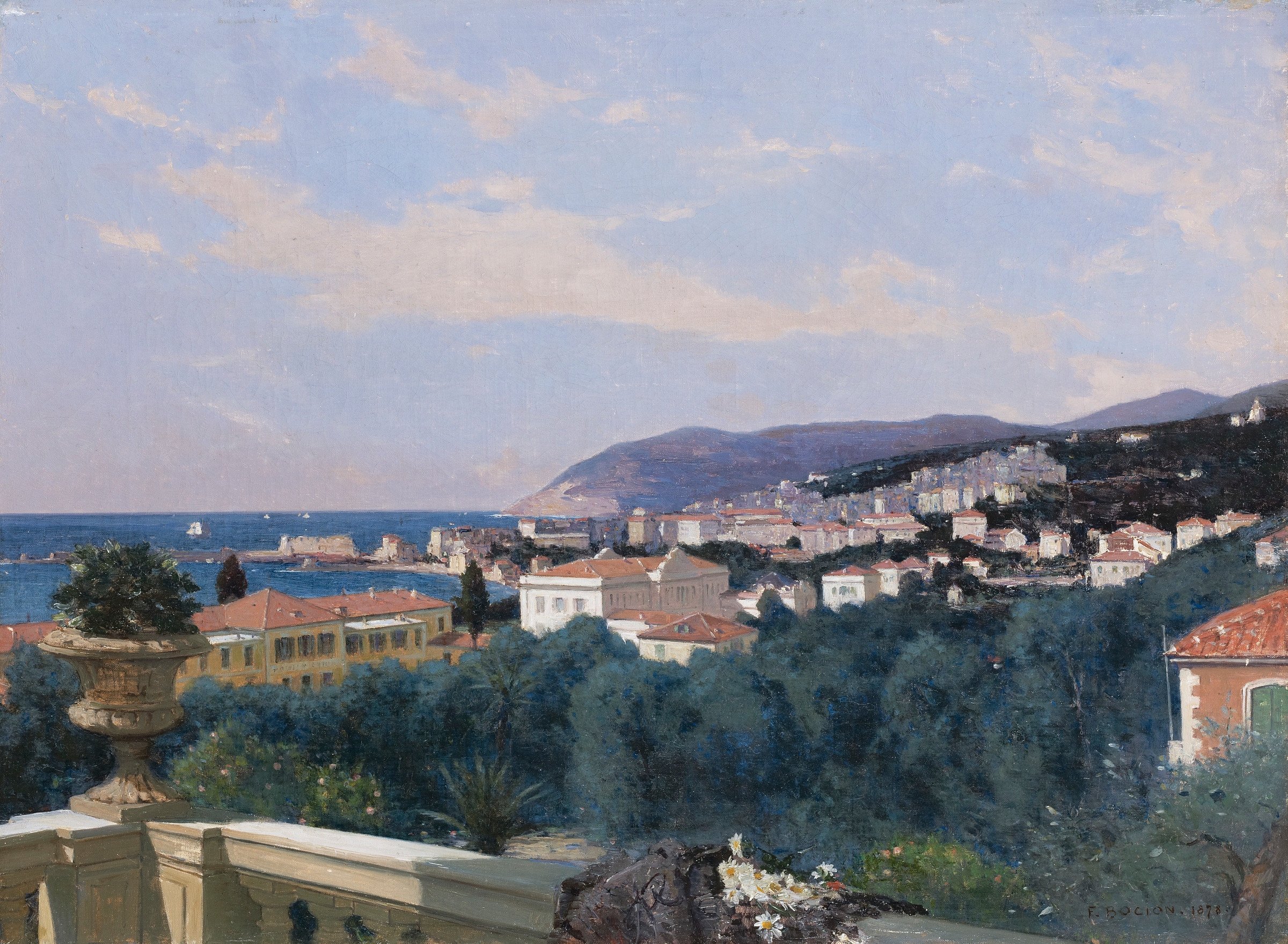Landscape of San Remo with sunset, ocean waves, oil painting by François Bocion