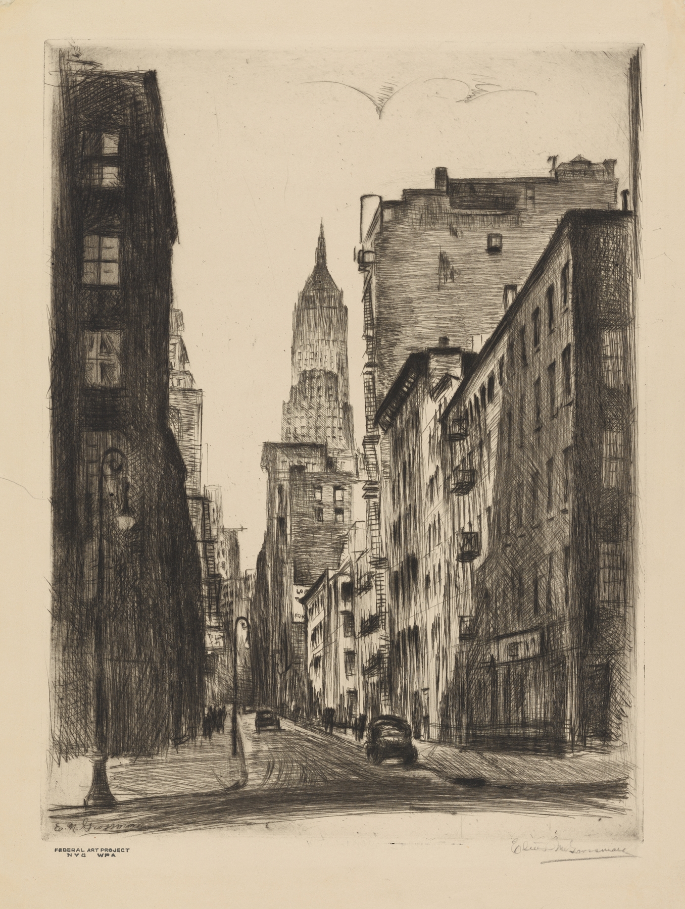 NYC Street Scene by Elias Grossman, expressionism, depicting vibrant urban life with shadows and colors.