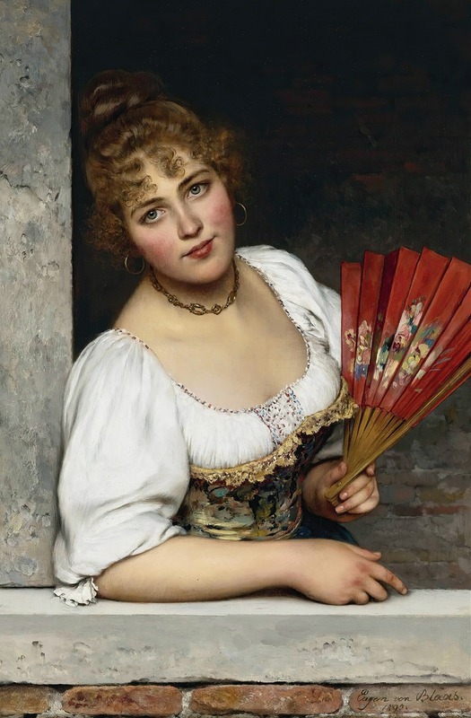 Eugen von Blaas' painting 'At The Window' depicts a woman gazing out from a window.