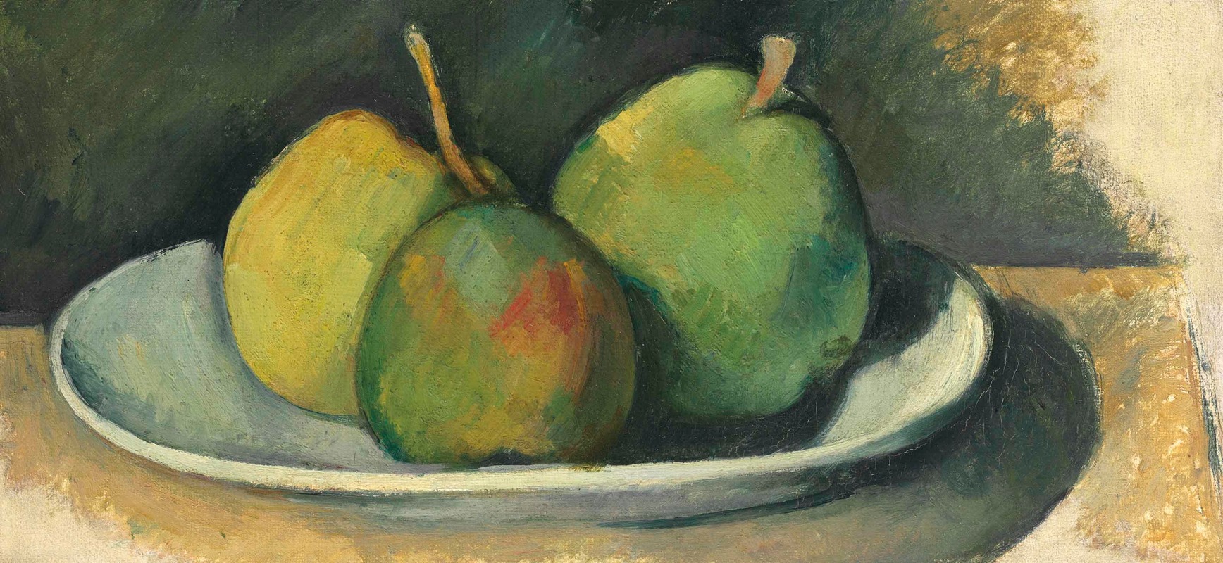 A still life painting featuring pears in a white plate by Paul Cézanne.