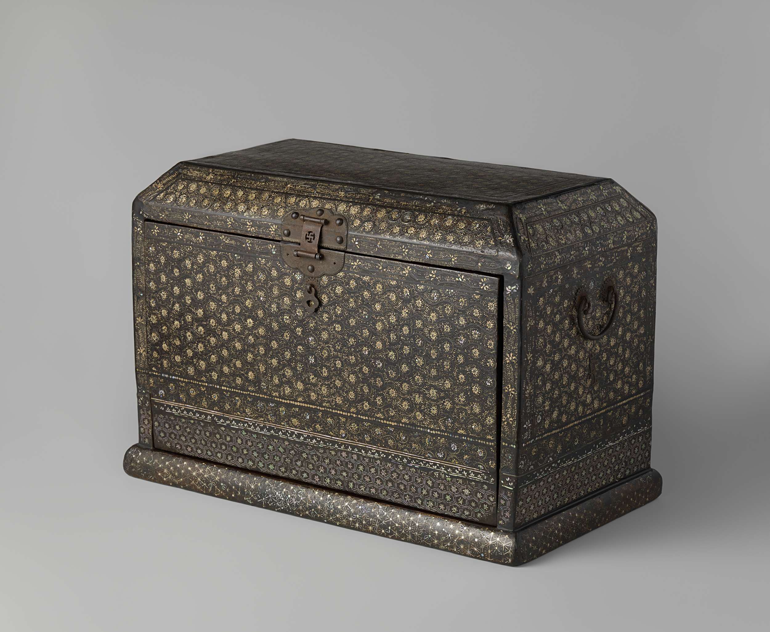 Sutra Box made of wood, featuring mother-of-pearl and copper-wire inlay by Unknown Artist