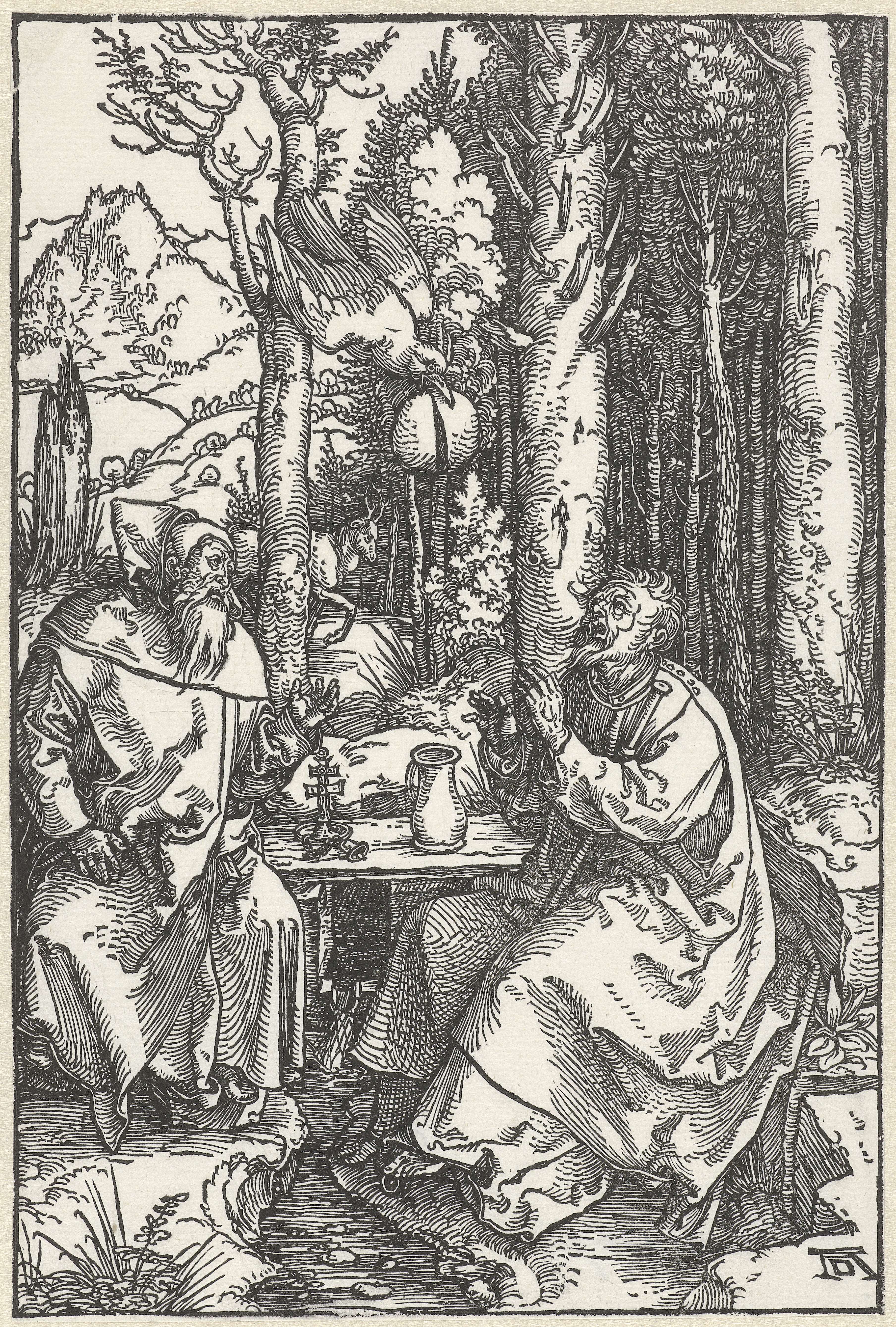 De Heilige Antonius bezoekt Paulus de Kluizenaar in de wildernis, by Albrecht Dürer, public domain