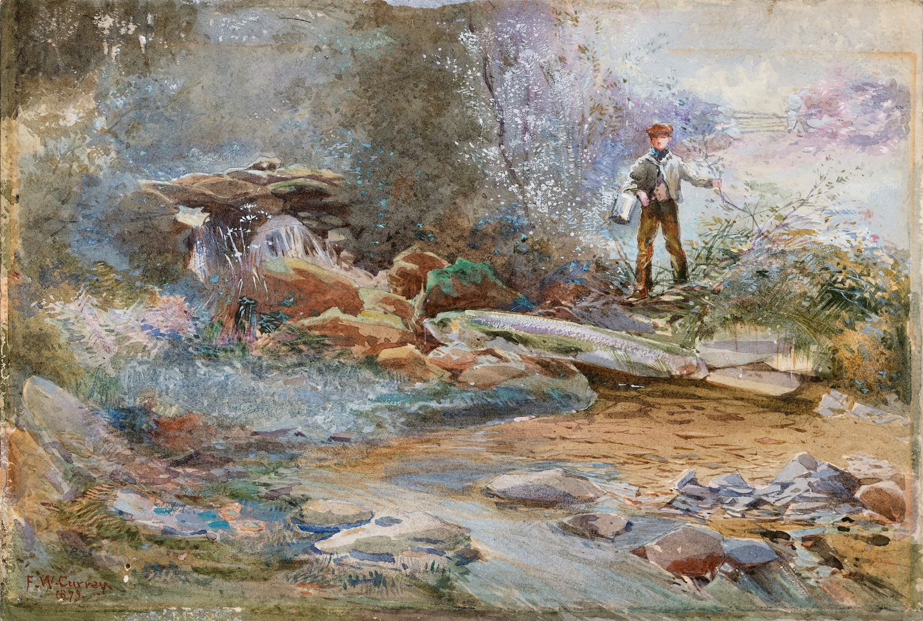 Boy with a bucket standing by a river bank, oil painting by Frances 'Fanny' Wilmot Currey
