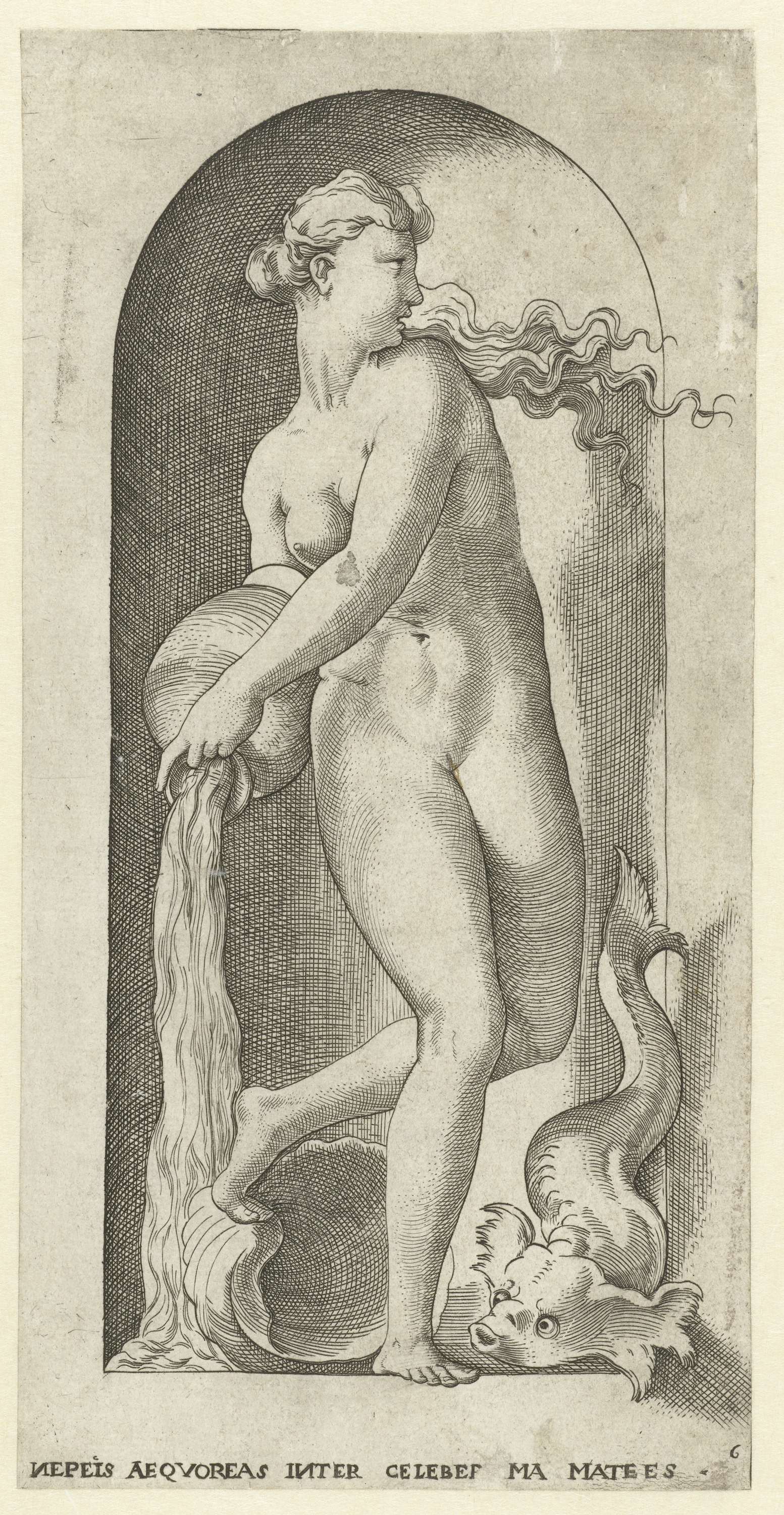 Engraving by Jacob Binck depicting Thetis with a water jug and fish