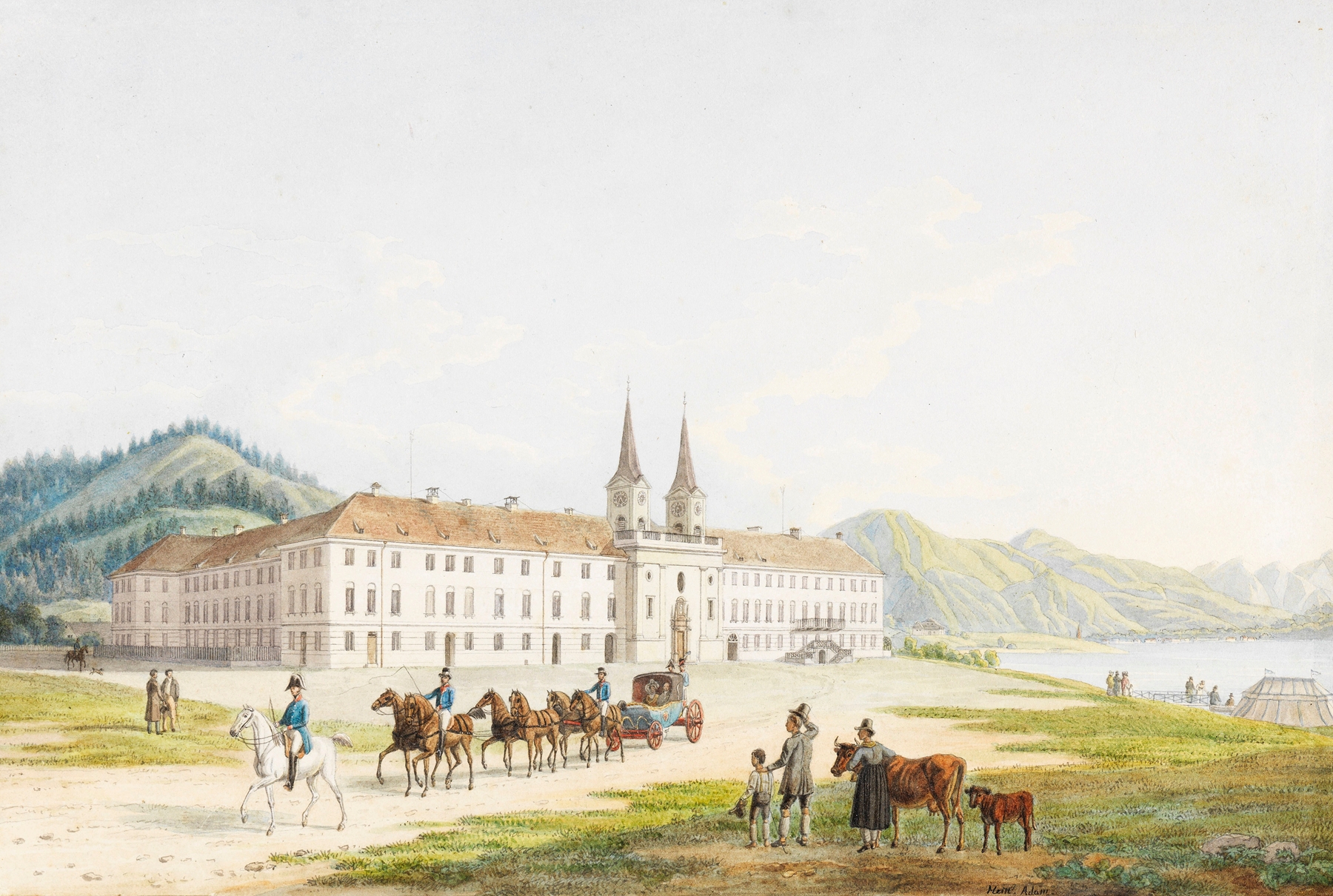Schloss Tegernsee by Heinrich Adam, oil painting depicting a castle surrounded by lush greenery