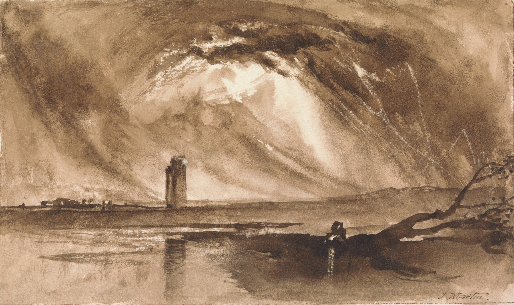 Landscape with Tower and Approaching Storm, by John Martin, public domain