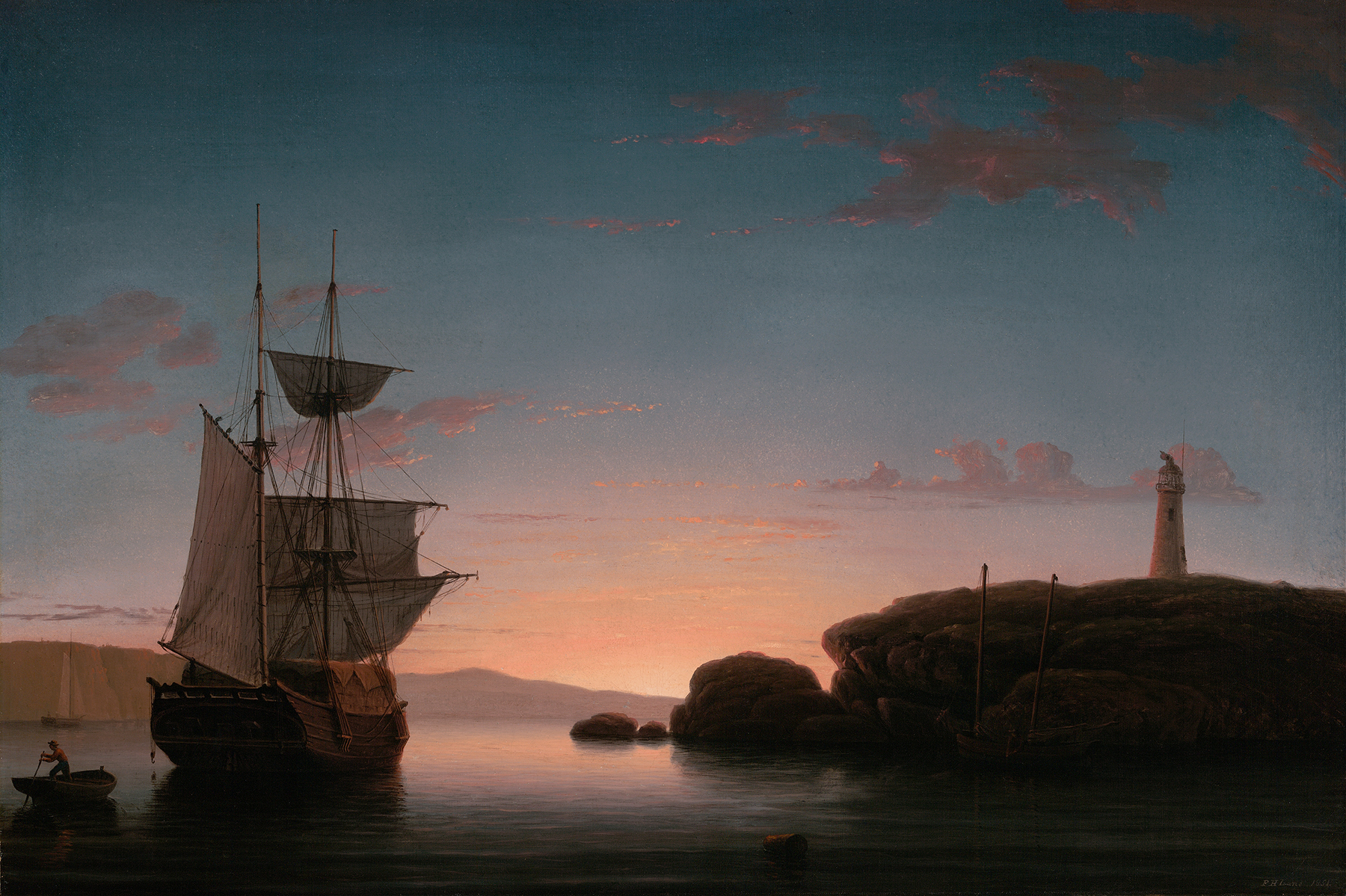 Lighthouse at Camden, Maine by Fitz Henry Lane, oil painting depicting a lighthouse by the sea.