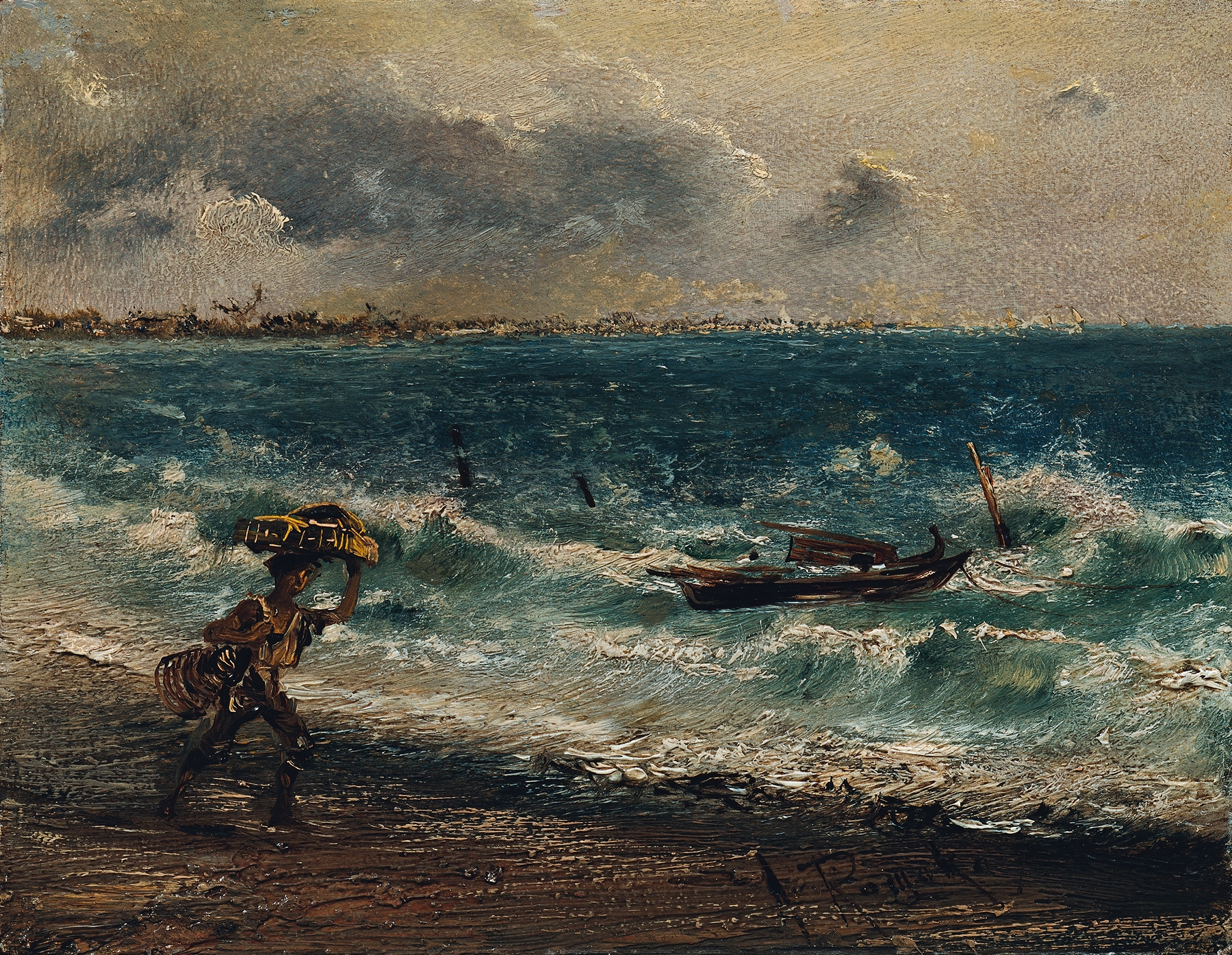 Oil painting by Anton Romako depicting a boy reclining by the sea.