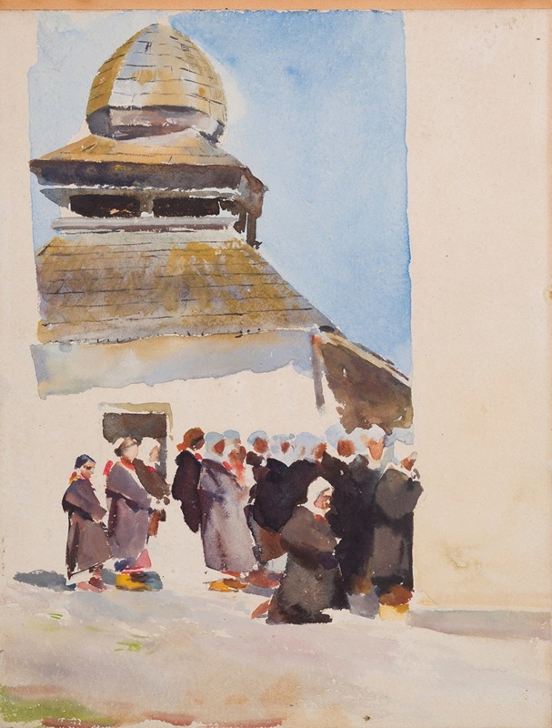 A sketch depicting a church in a rural setting.