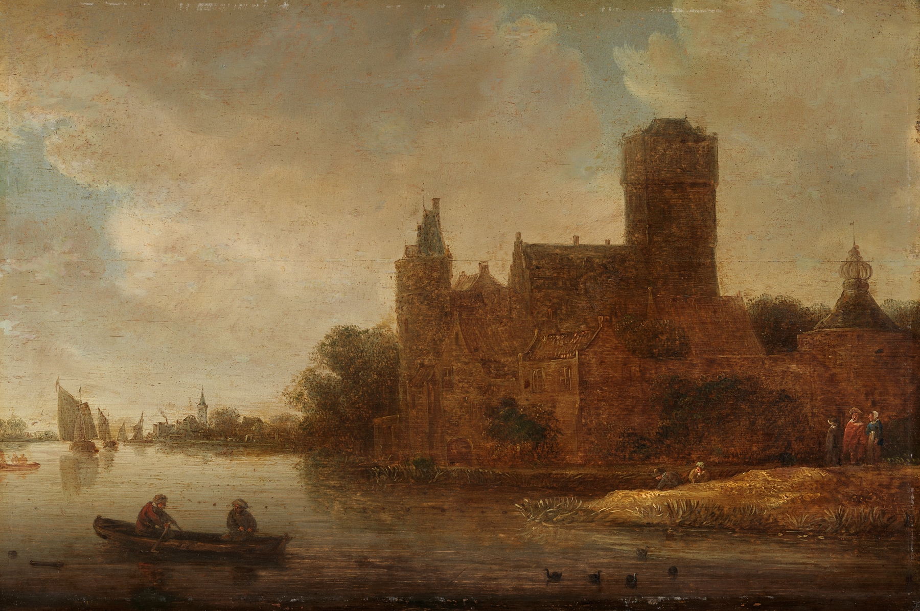 Landscape featuring a castle on water by Jan Coelenbier, oil painting