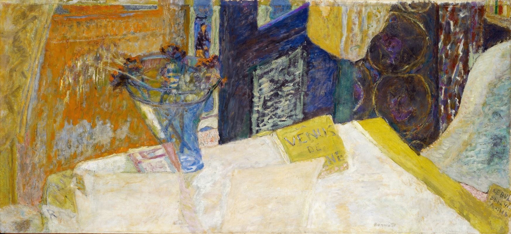 A vibrant still life featuring a bouquet of flowers and references to Venus of Cyrene.