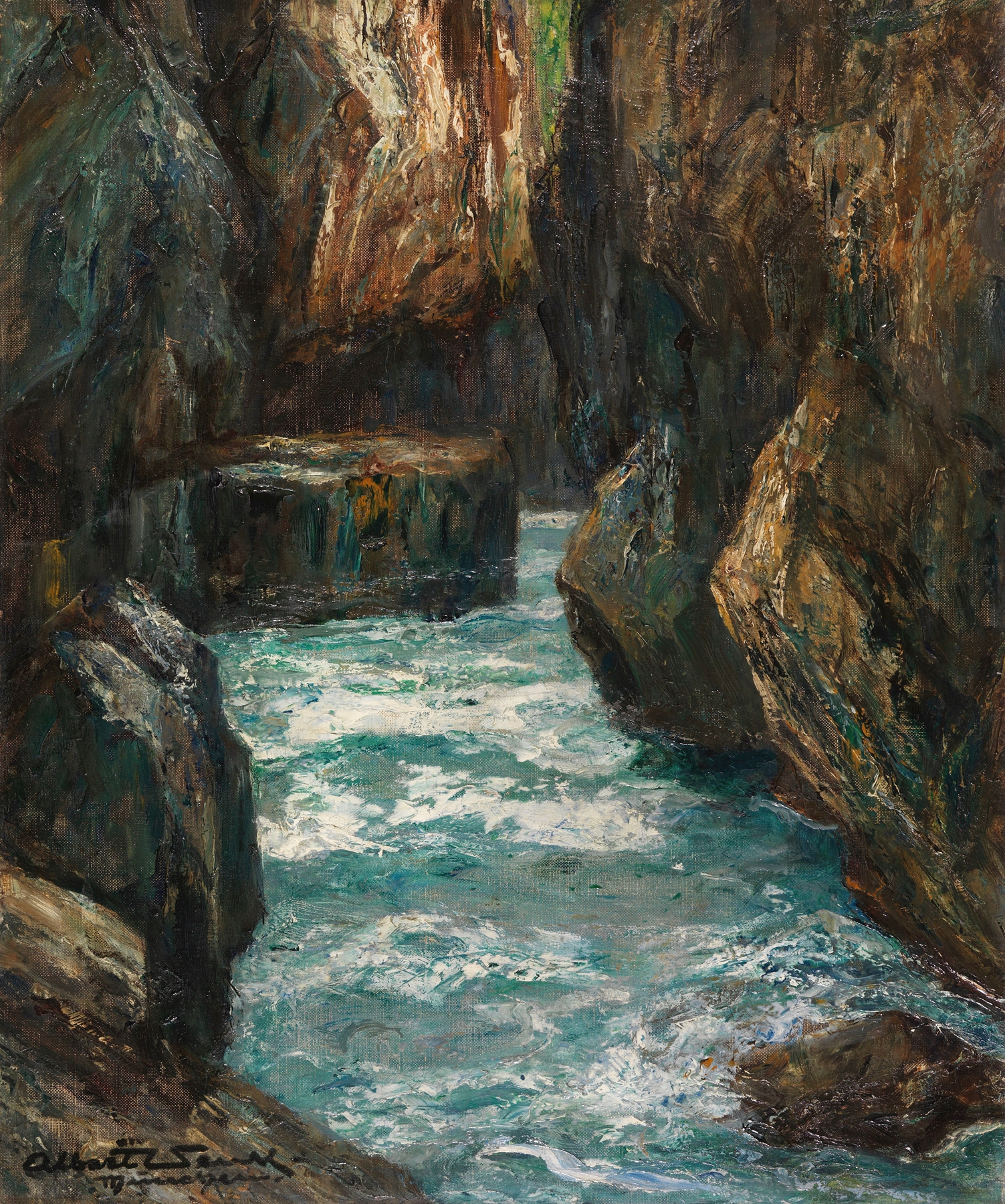 Landscape oil painting by Albert Wenk depicting a gorge with steep cliffs and soft light.