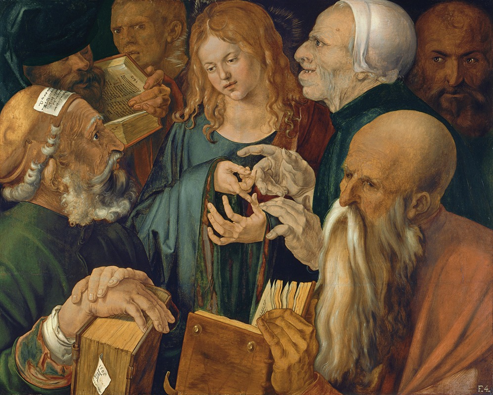 This painting depicts a young Jesus surrounded by learned men in a religious setting.
