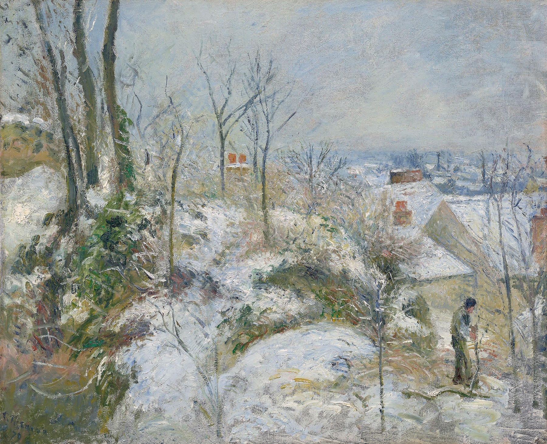 Rabbit Warren at Pontoise, Snow by Camille Pissarro, oil painting depicting a winter landscape with trees and hills.