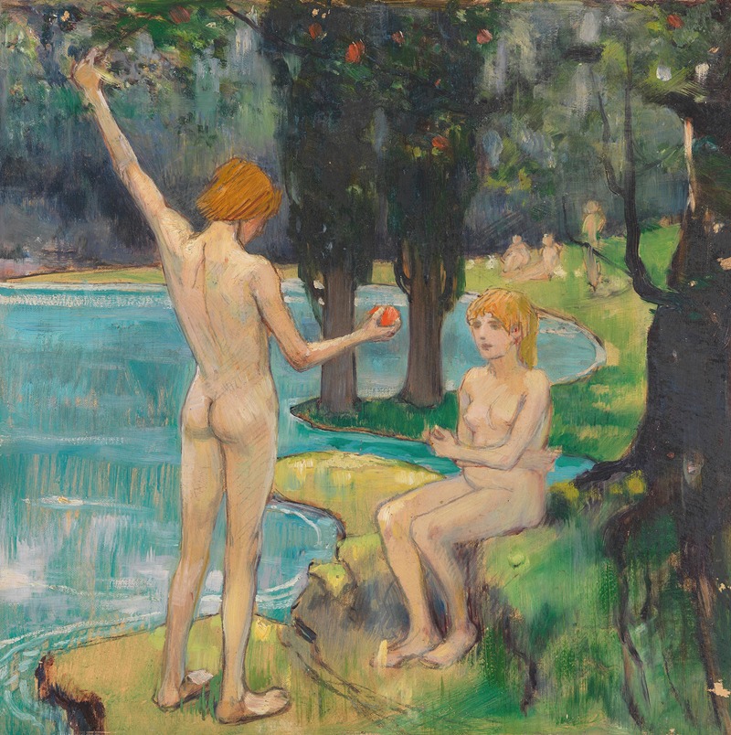 Ludwig von Hofmann's painting 'Adam und Eva (Paradies)' explores themes of creation and innocence.