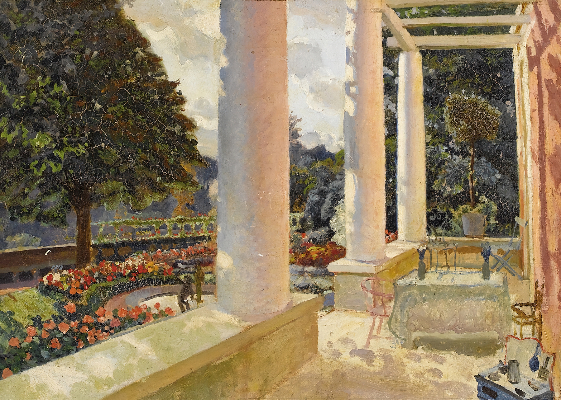 Botanical scene with flowers and a terrace, oil painting by Mary Macmonnies Low