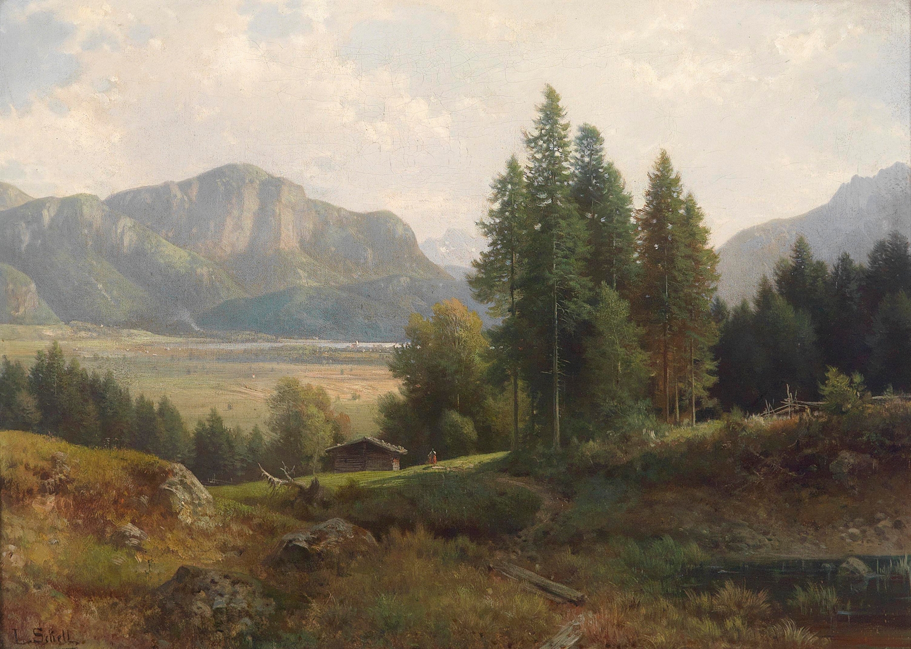 Partie am Kochelsee by Ludwig Sckell, oil painting depicting a tranquil lake and surrounding landscape.