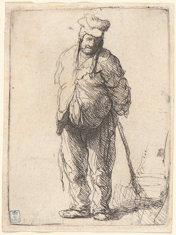 A peasant stands with his hands behind him, holding a stick in this painting by Rembrandt.