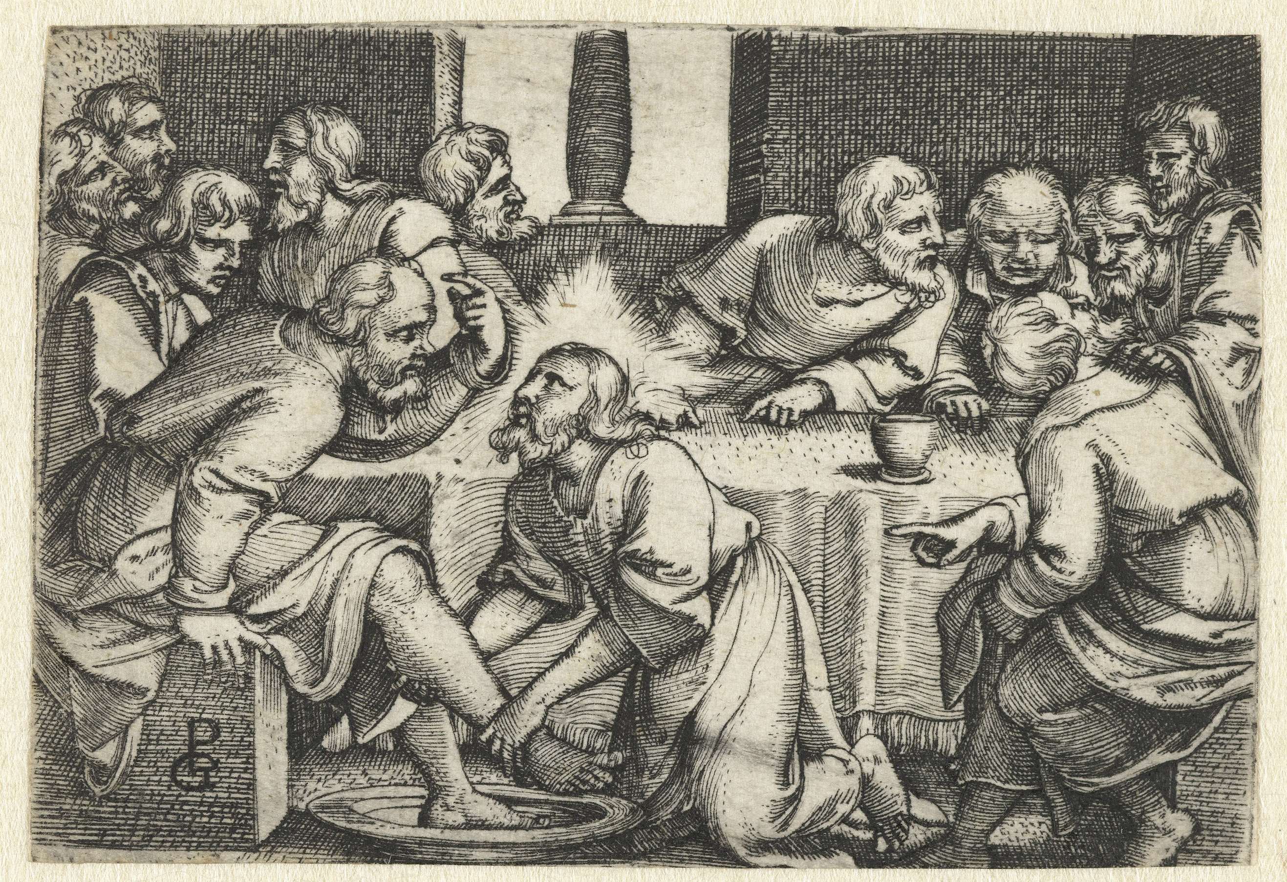 Engraving by Georg Pencz depicting Christ washing Peter's feet, highlighting Peter's reluctance.
