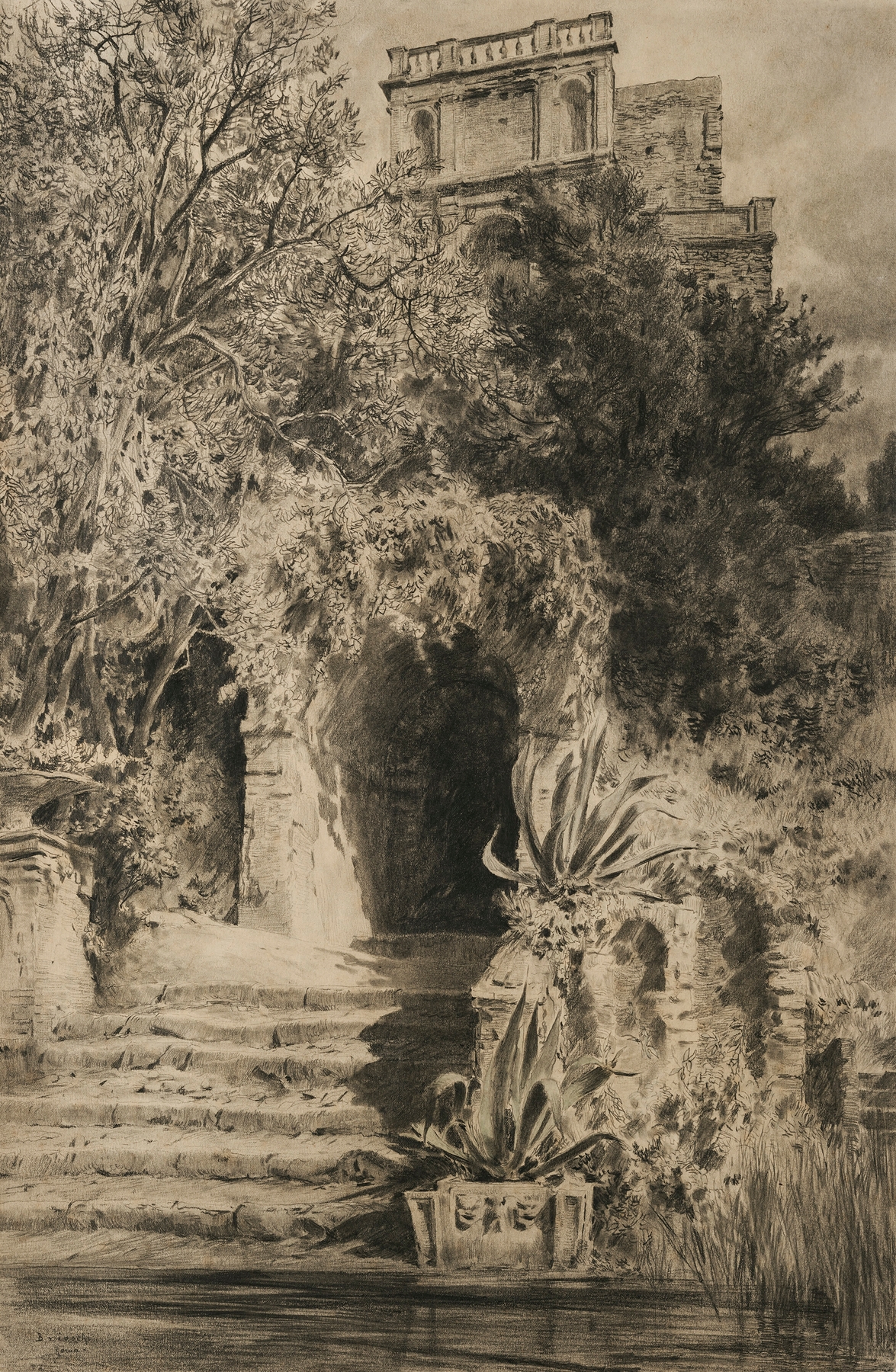 Landscape garden with flowers and trees by Othmar Brioschi, oil painting