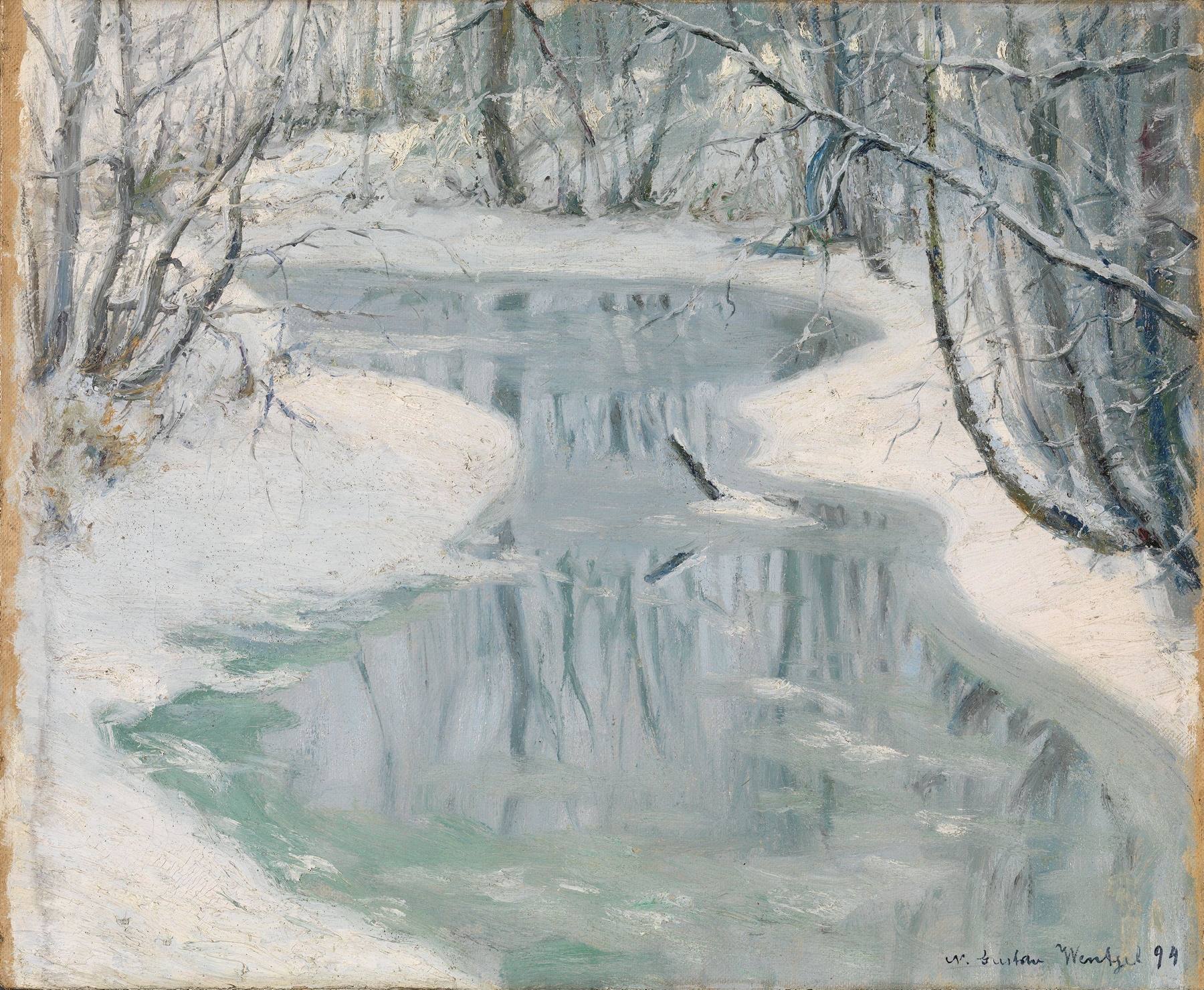 Thaw by Gustav Wentzel, oil on canvas depicting figures in a thawing landscape