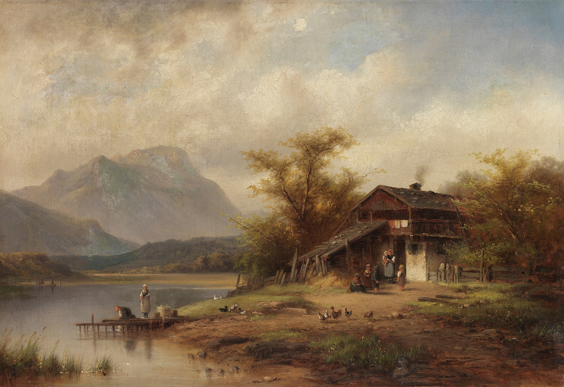 Genre scene depicting women by the lake doing laundry, oil painting by Anton Doll