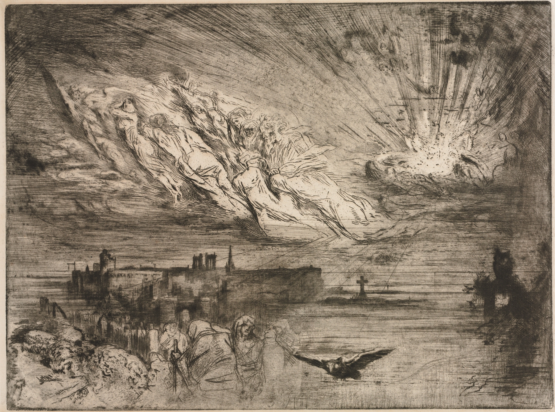 The Spirits from the Cities of the Dead, etching by Félix Hilaire Buhot, featuring ethereal figures and shadows.