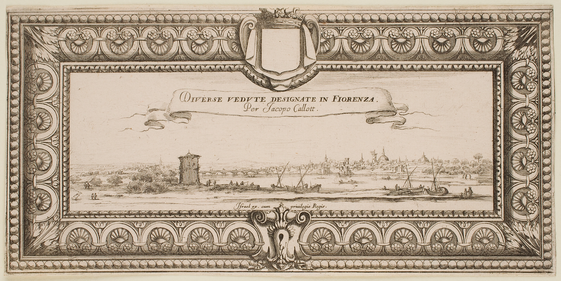 Frontispiece to ‘The Landscapes of Florence’, engraving by Jacques Callot featuring figures and a detailed landscape