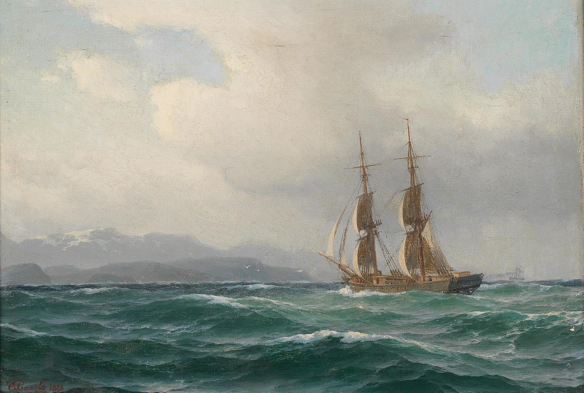 Maritime Painting by Carl Emil Baagøe, oil painting depicting serene water and sky reflections.