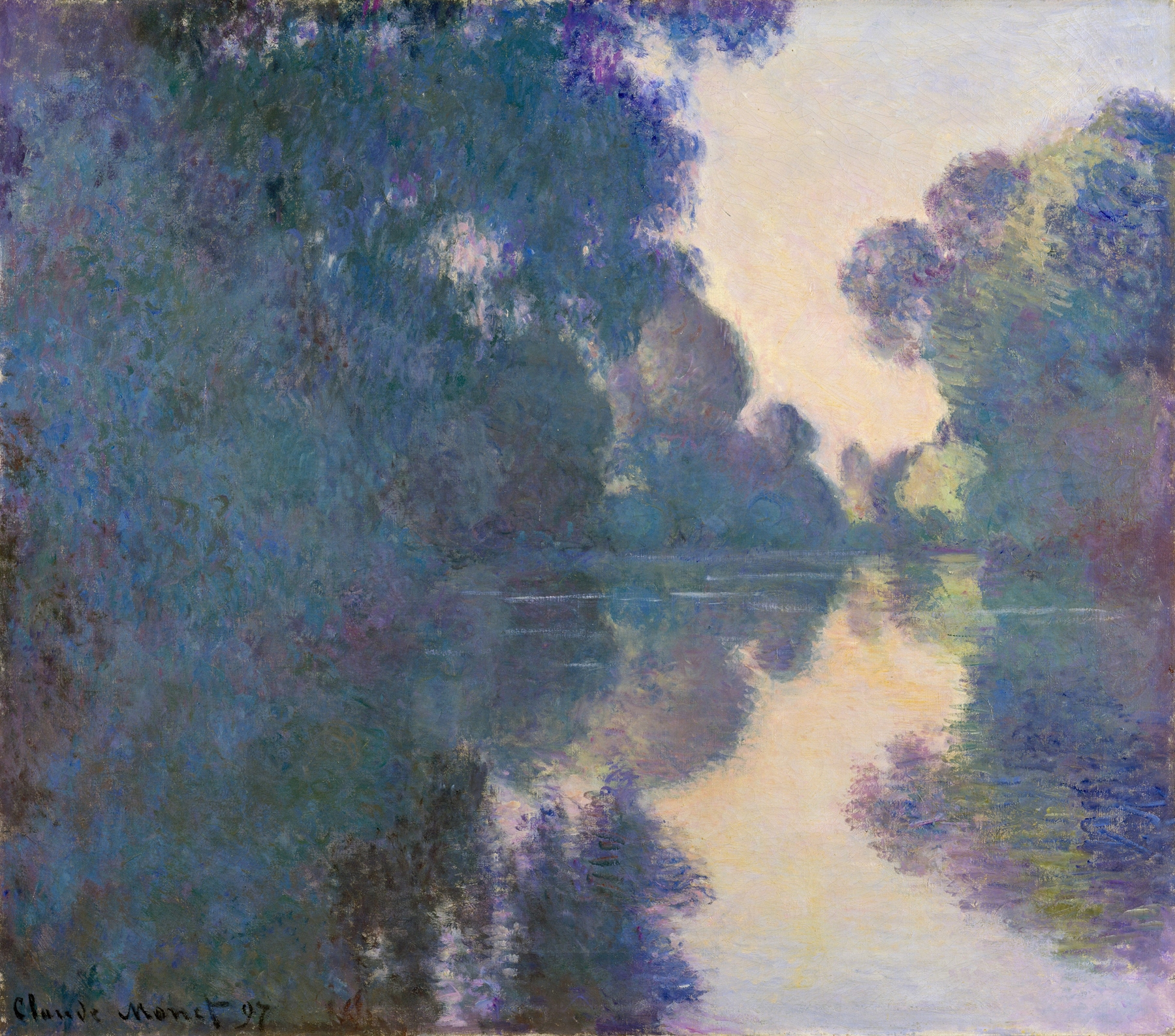 Morning on the Seine near Giverny, oil on canvas by Claude Monet depicting a serene river scene.