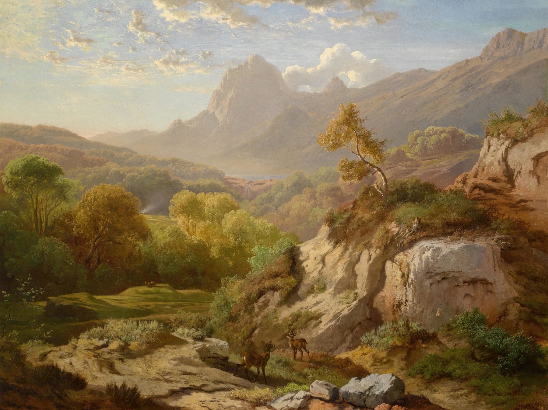Stag in a mountain landscape, oil painting by Albert Zimmermann