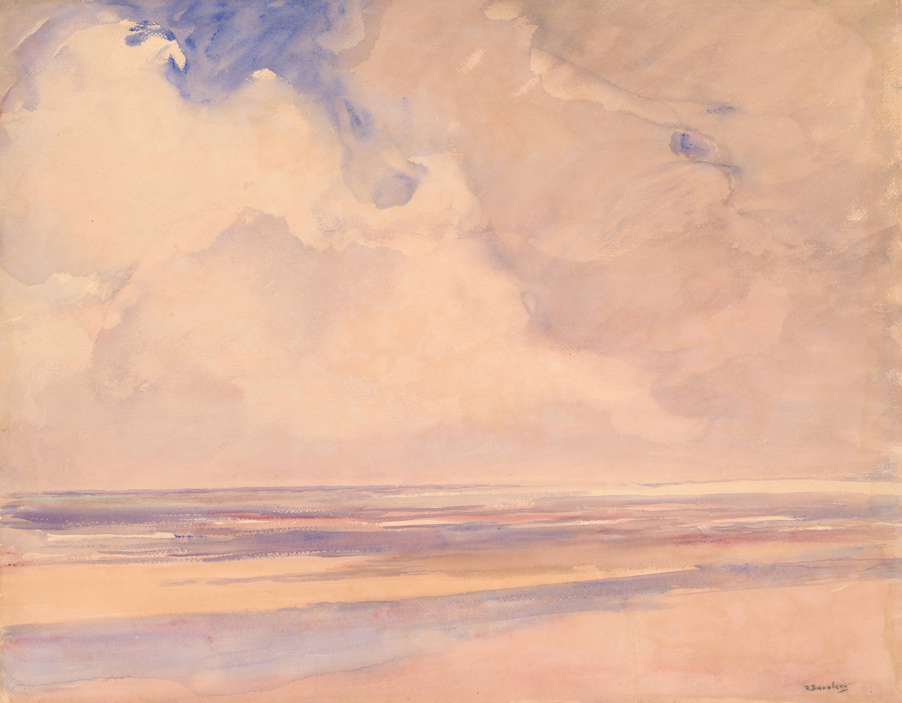 Marine scene by Richard Baseleer, featuring soft blues and grays in an oil painting