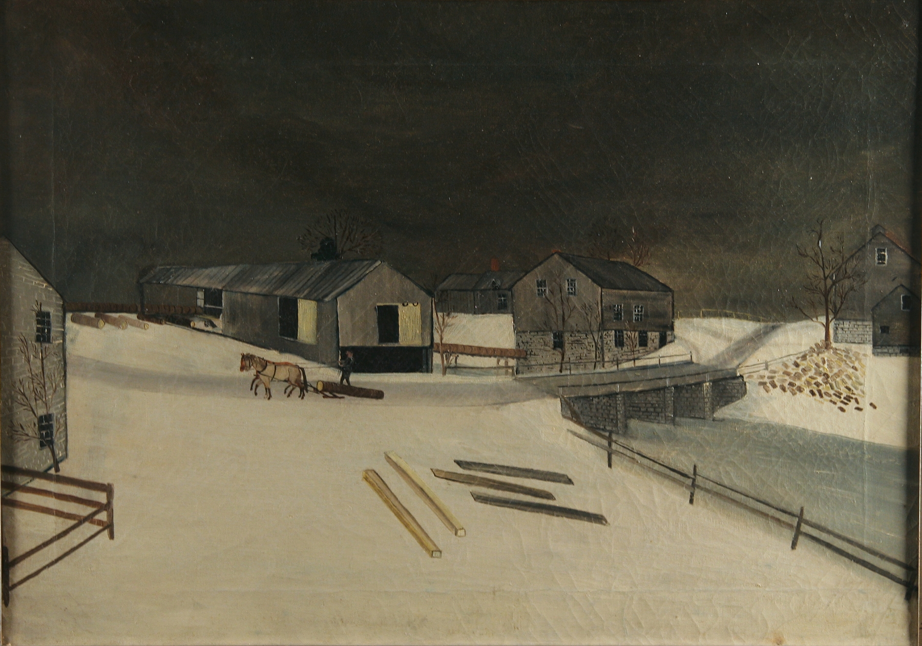 Lumbering in the Snow, unknown medium, Unknown Artist, figures laboring in swirling snowflakes