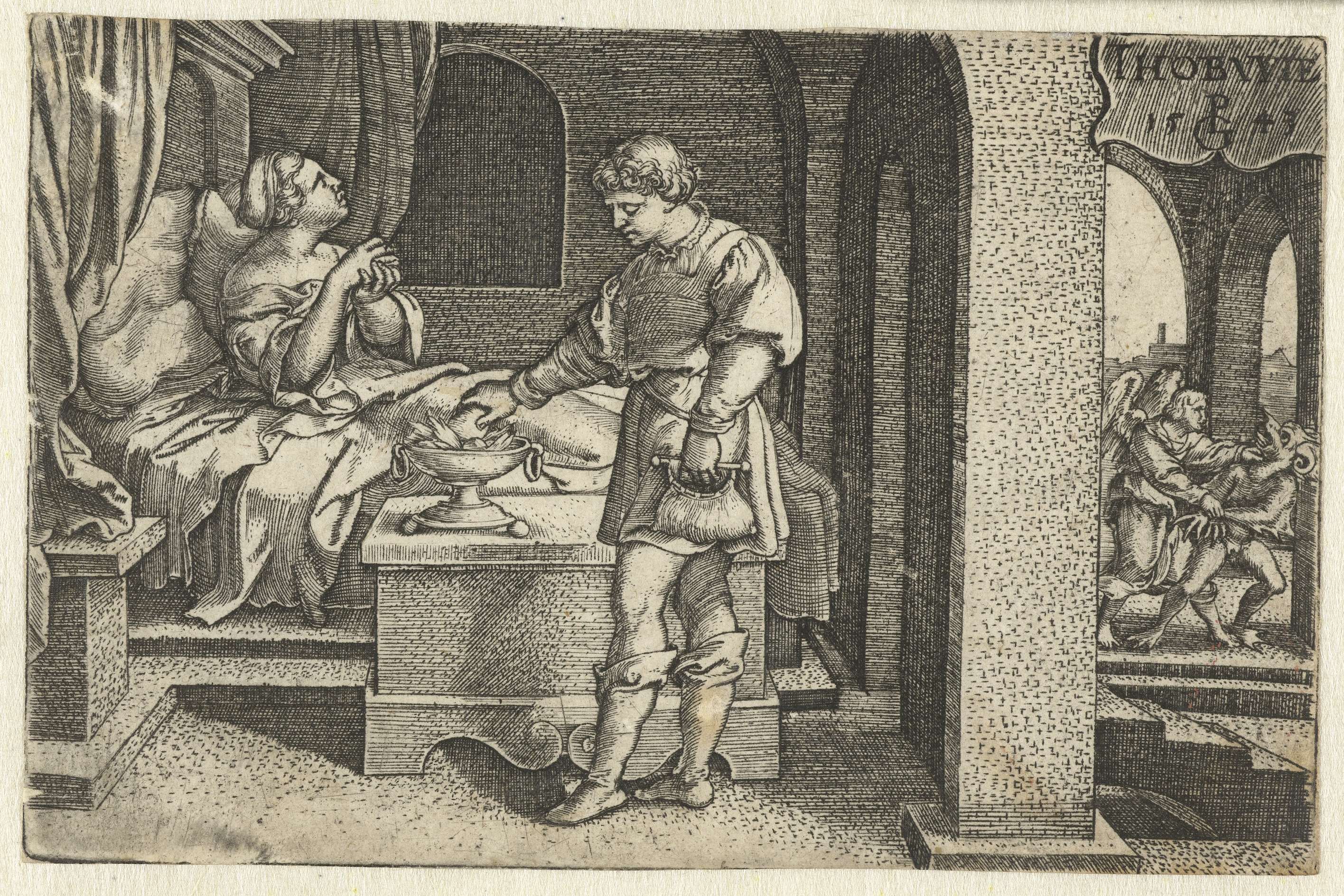 Tobias presents the heart and liver of a fish on an altar, engraving by Georg Pencz