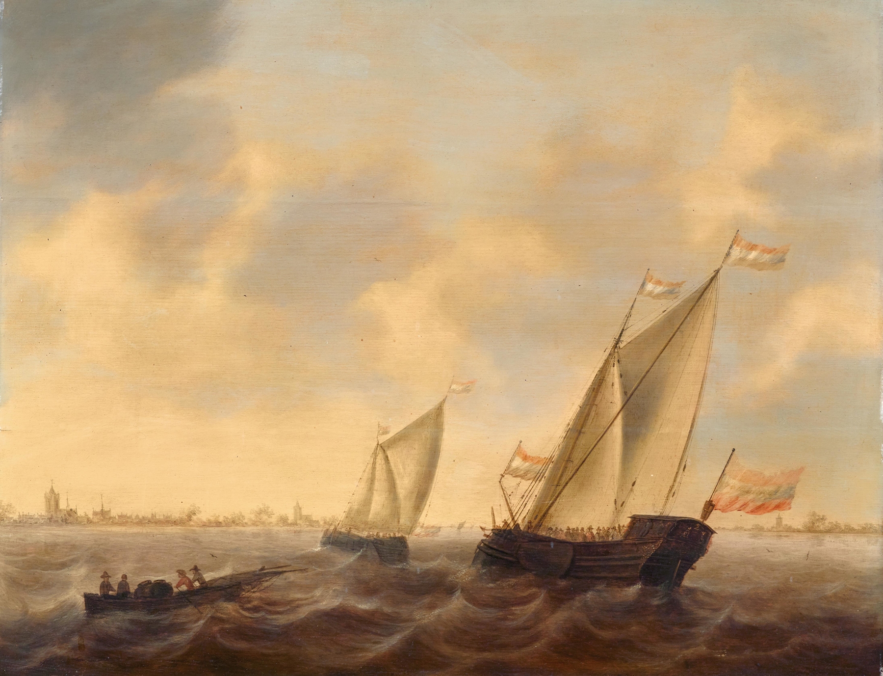 Marine scene with ships and boats at sea by Jacob Adriaensz. Bellevois, oil painting