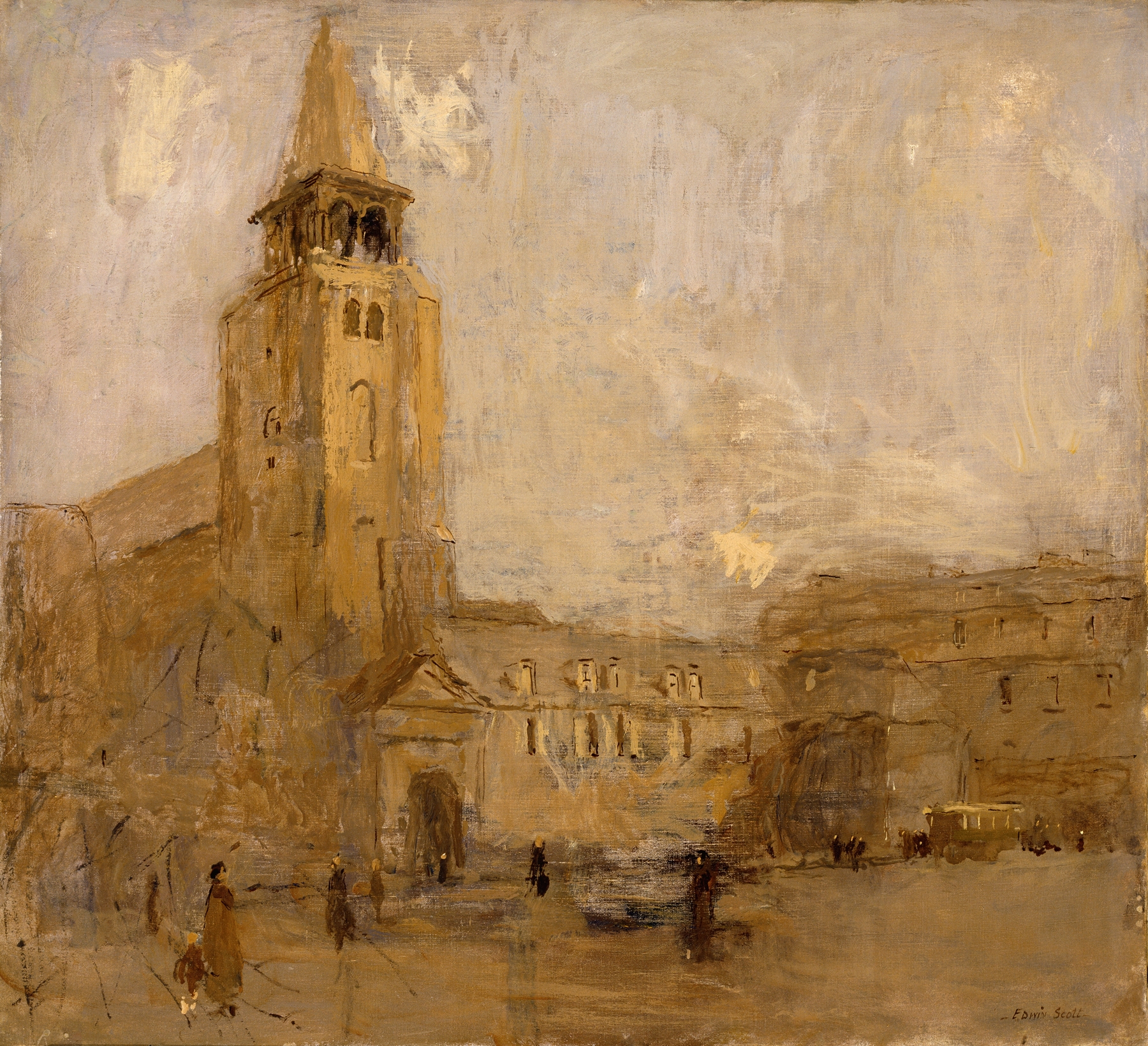 St. Germain des Pres no. II by Frank Edwin Scott, oil on canvas depicting a tranquil urban landscape.
