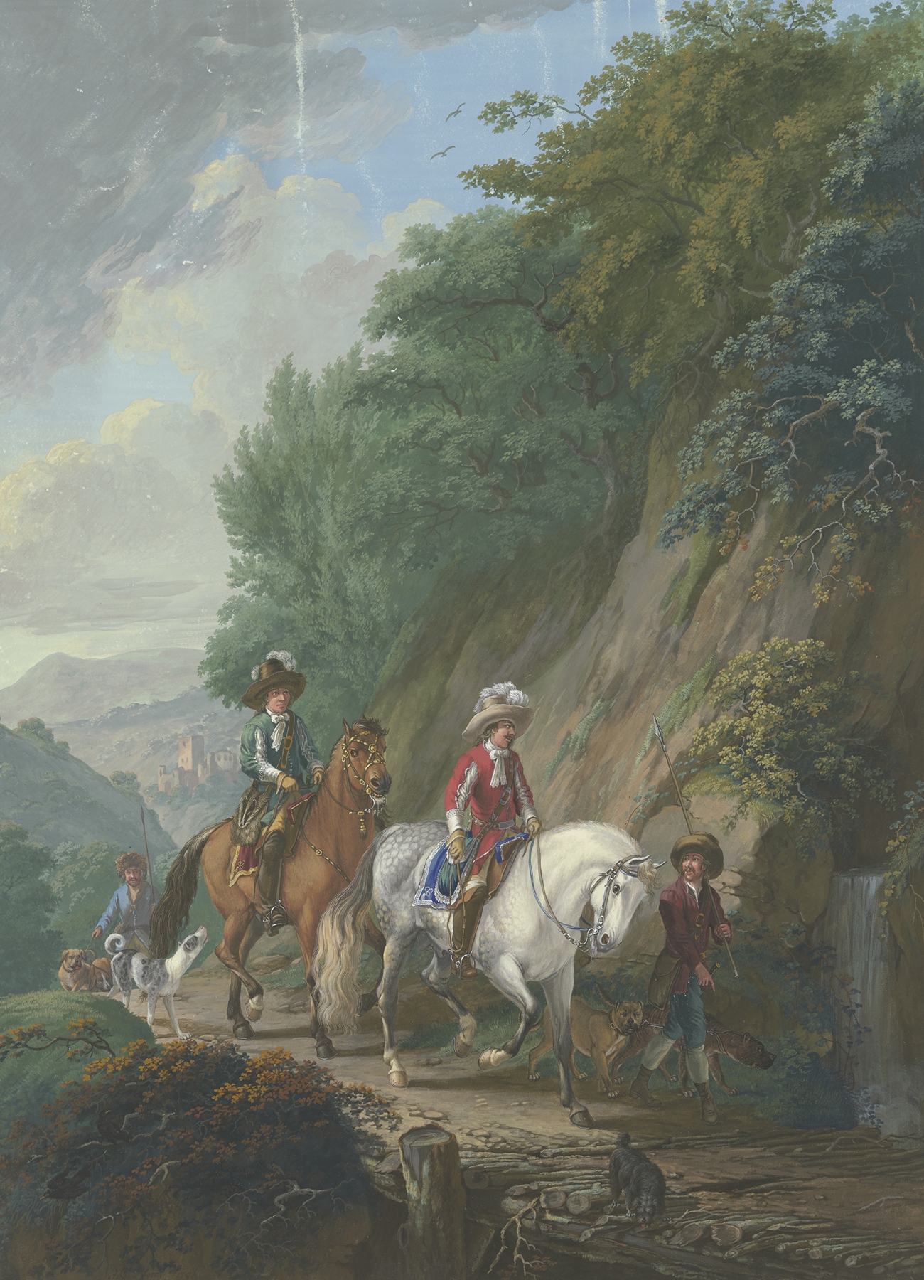Oil painting by Johann Georg Pforr depicting a knight on a white horse crossing a bridge near a waterfall.