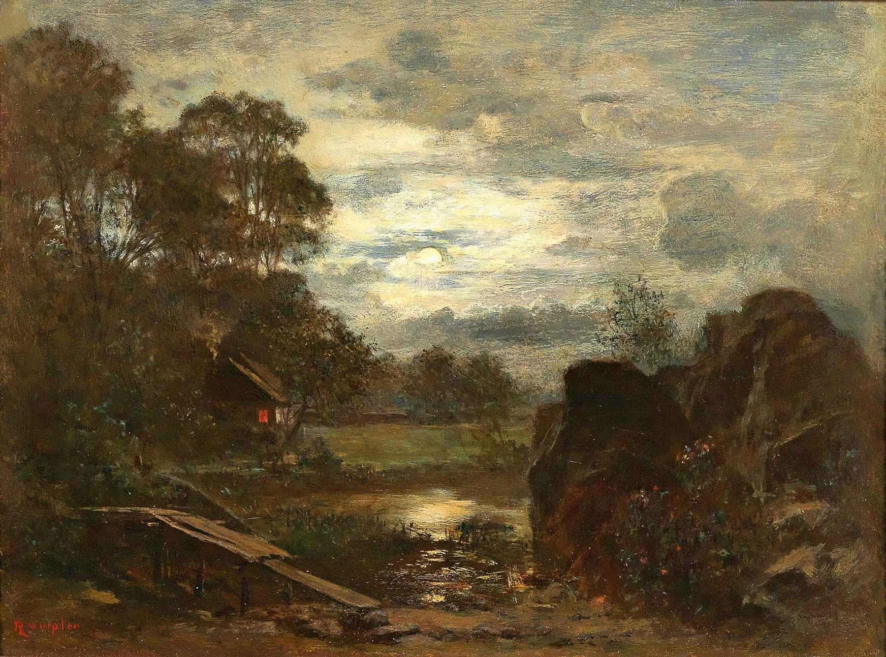 Pond landscape with jetty and hut in the moonlight, oil painting by Franz Rumpler