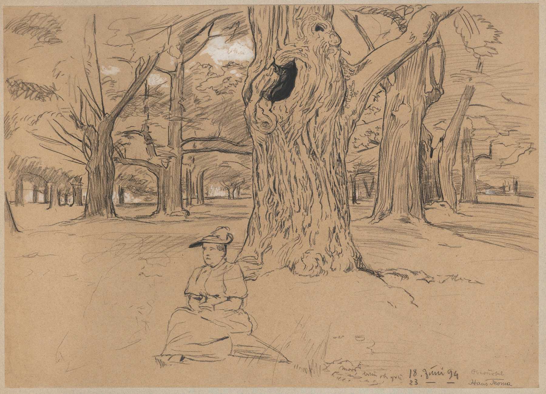 Figurative scene of a woman under a tree, oil painting by Hans Thoma