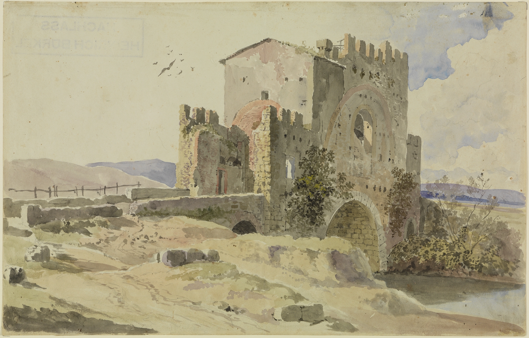 Ponte Nomentano bei Rom by Heinrich Bürkel, oil on canvas depicting a bridge over a river.