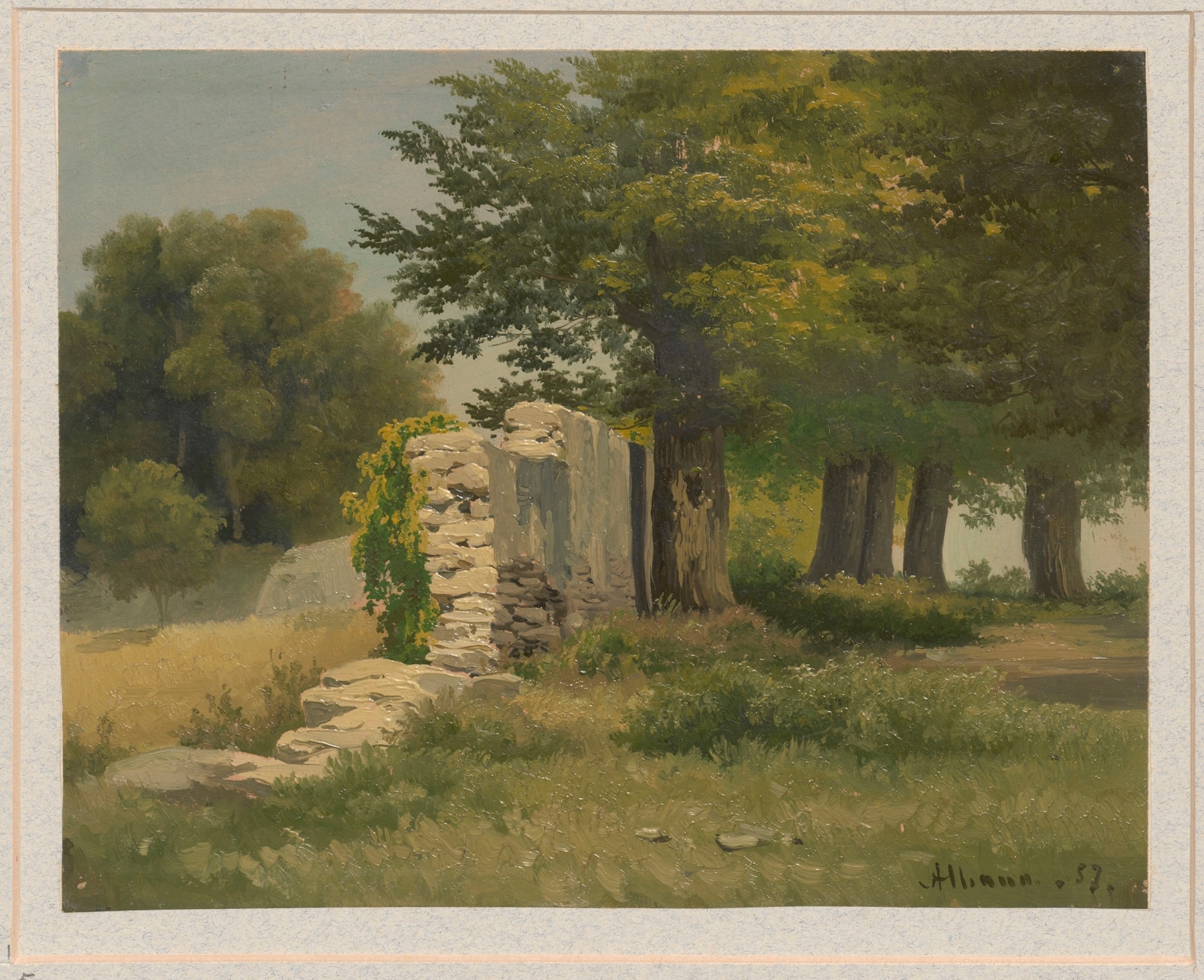 Ruined wall near Albano by Arthur Blaschnik, oil painting depicting light on stone