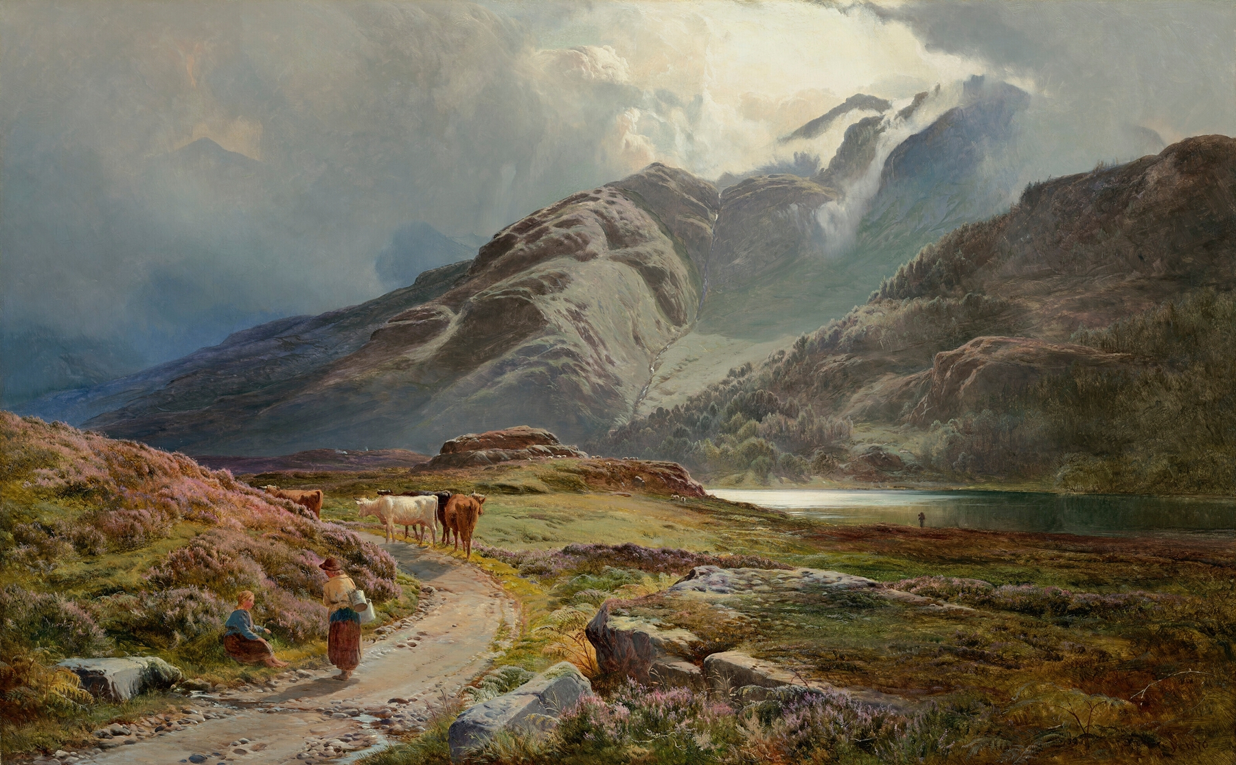 Blae Tarn by Sidney Richard Percy, oil on canvas depicting a tranquil lake and misty mountains.