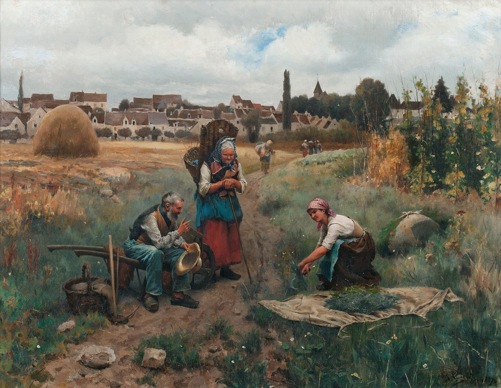 A painting depicting a serene moment in a rural setting.