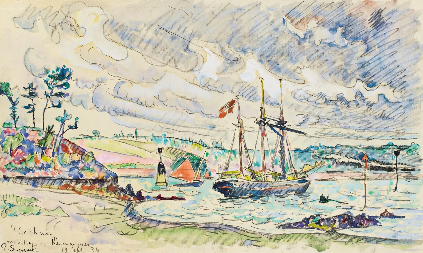 Cathrin À L’ancre, Mouillage De Kermarquer by Paul Signac, oil painting of a tranquil boat on water.