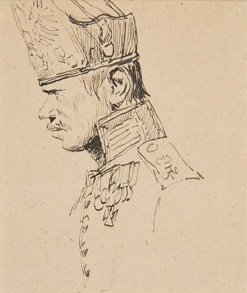 A detailed profile portrait of a grenadier wearing a tall hat and uniform.
