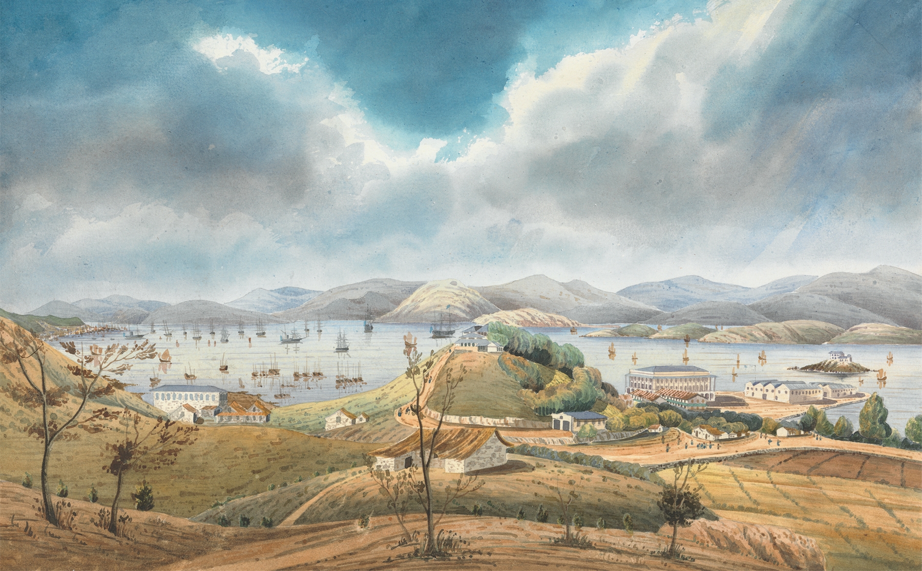 Hong Kong Harbor by Lt. Humphrey John Julian, oil on canvas depicting ships in a tranquil setting.