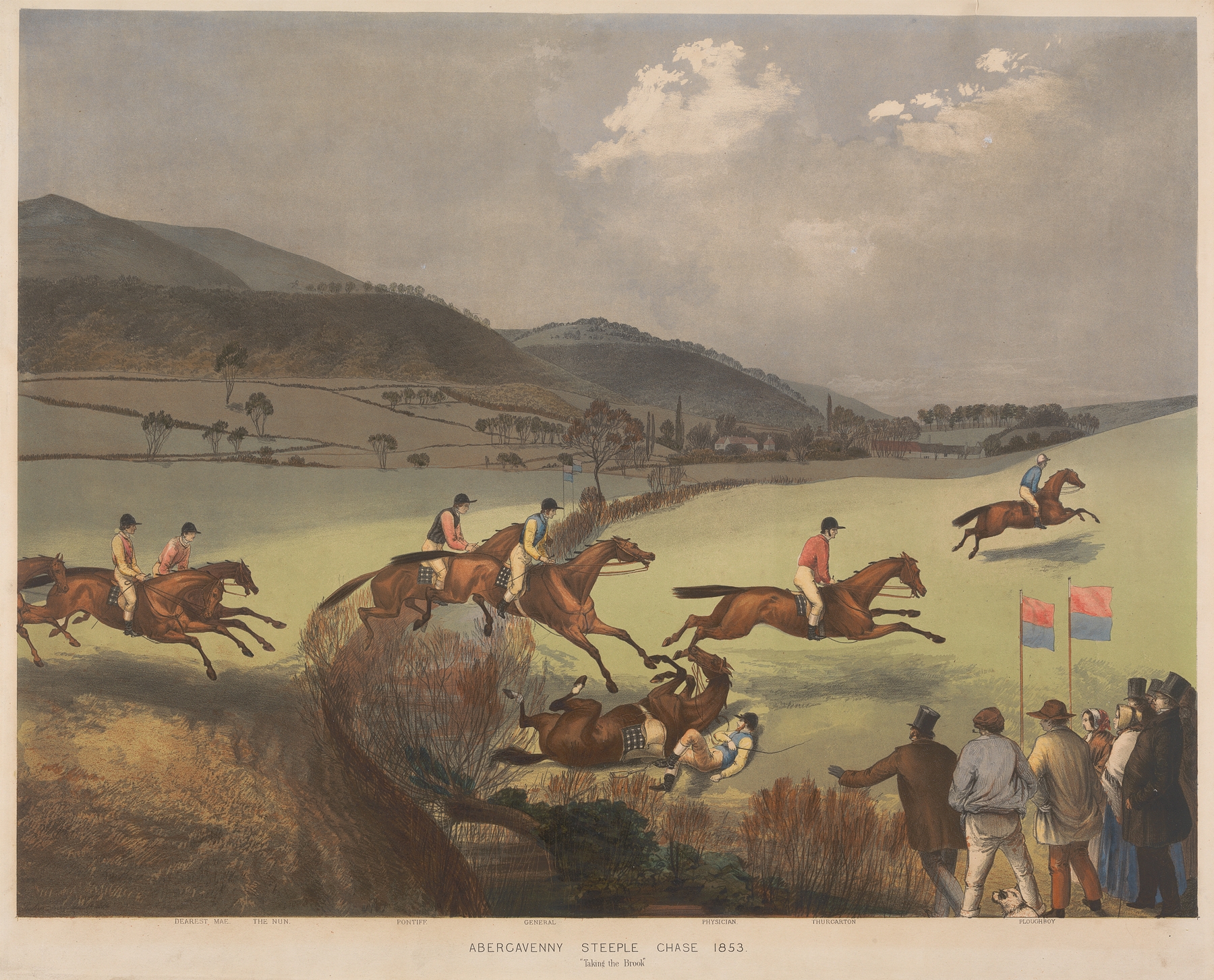 Abergavenny Steeple Chase: ‘Taking the Brook’ by Charles Denton, Victorian genre scene depicting a horse race.